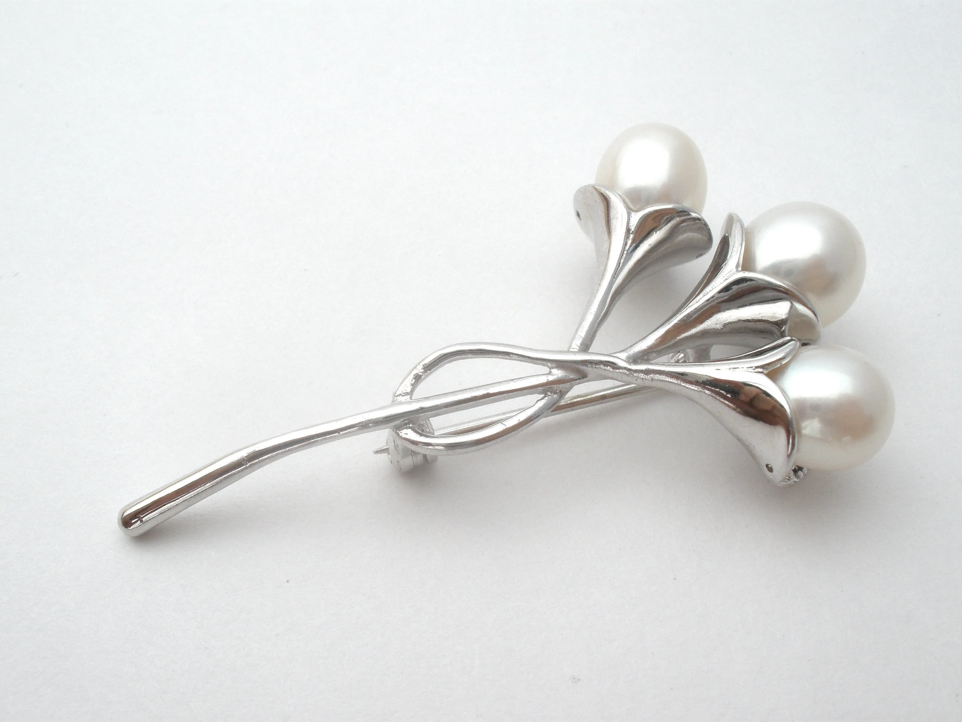 Pearl & Diamond Flower Brooch Sterling Silver Vintage