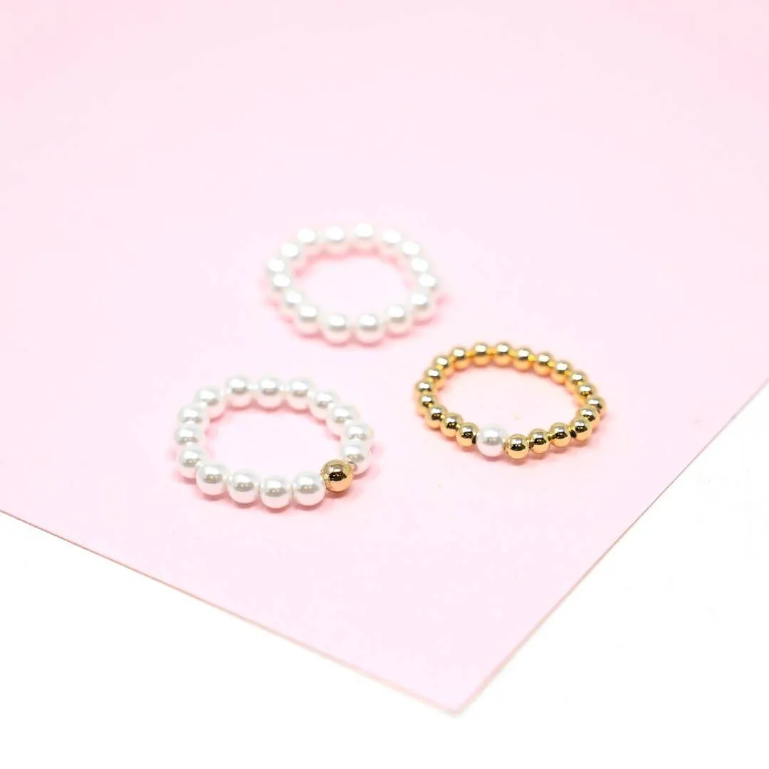 Pearl and Gold Bead Stretch Rings - White Beads