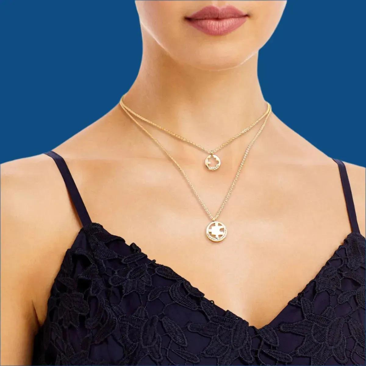 Perfect for Loved Ones & Autism Awareness Gold Puzzle Cutout Layered Necklace