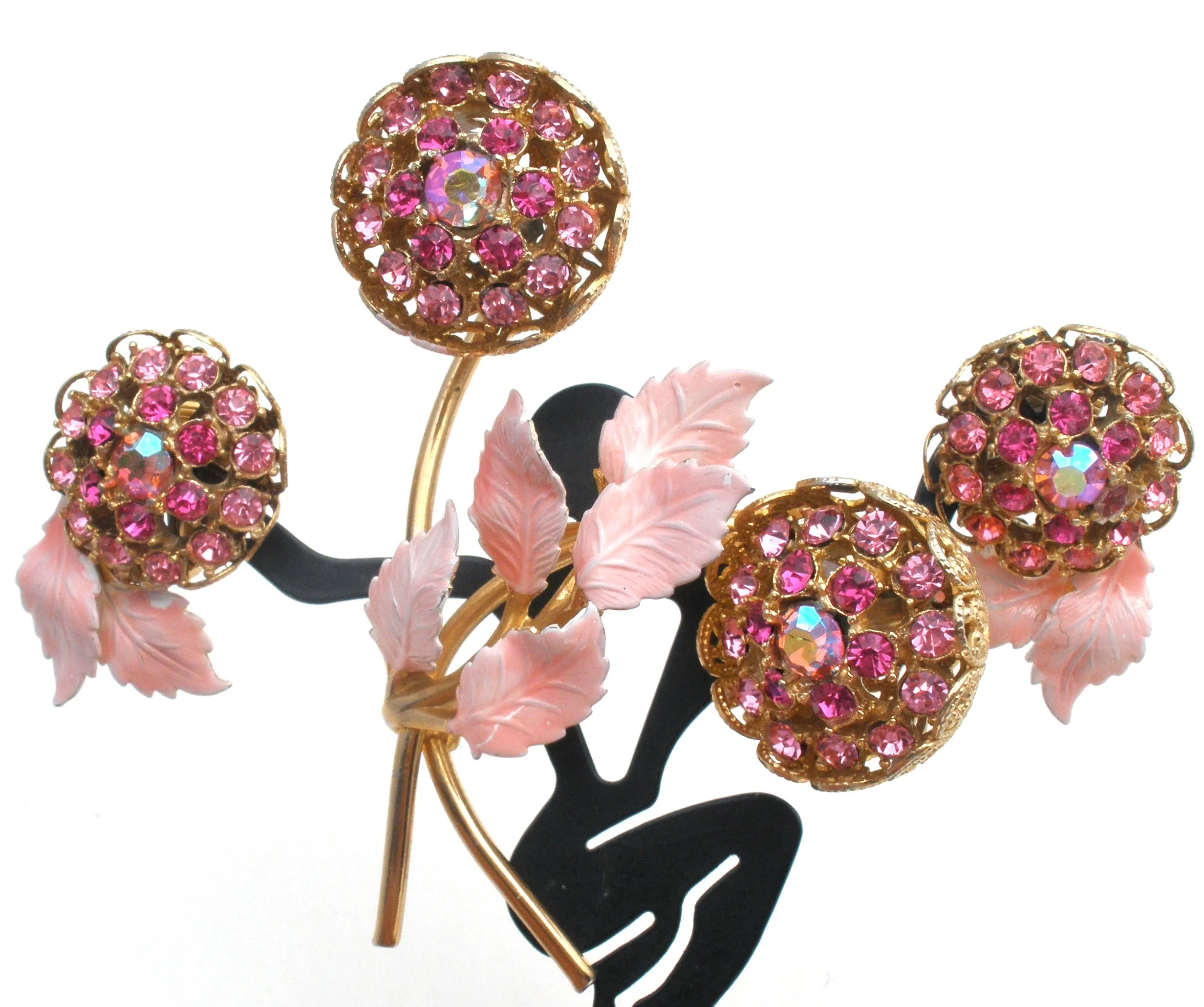 Pink Flower Rhinestone & Enamel Brooch Set Vintage