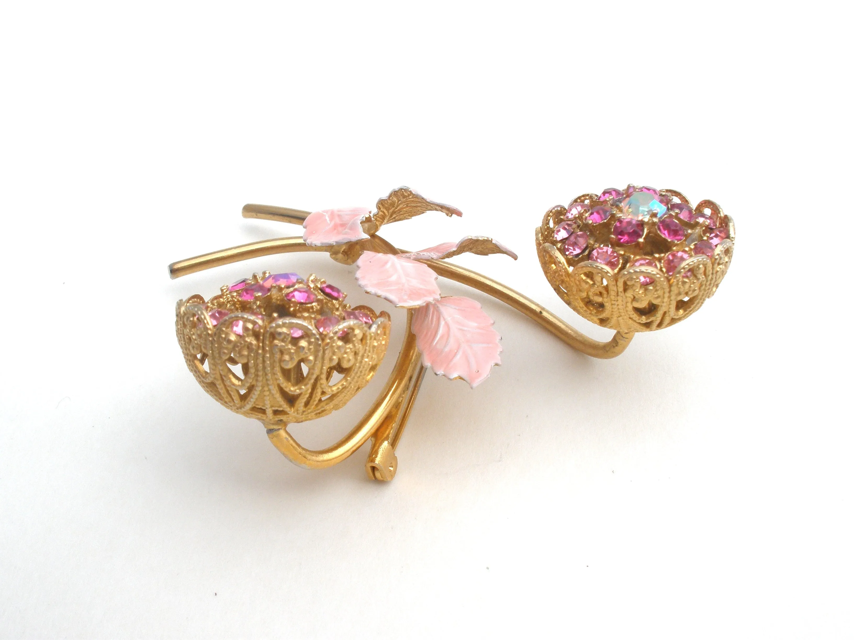 Pink Flower Rhinestone & Enamel Brooch Set Vintage