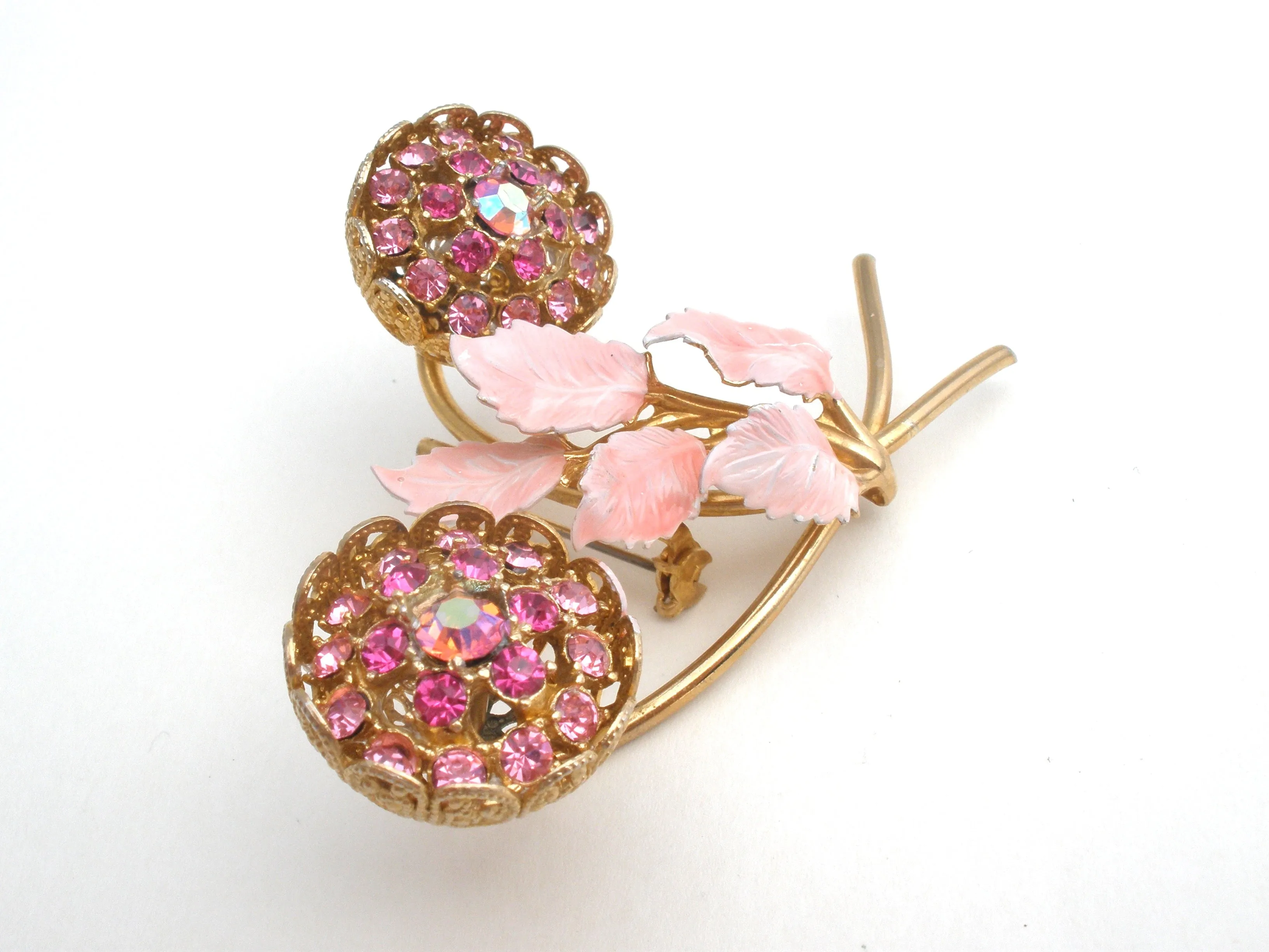 Pink Flower Rhinestone & Enamel Brooch Set Vintage