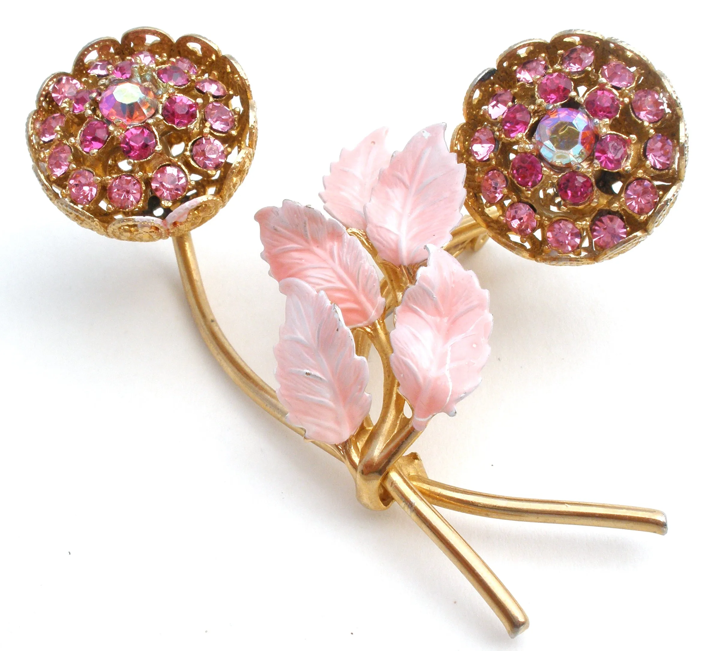 Pink Flower Rhinestone & Enamel Brooch Set Vintage