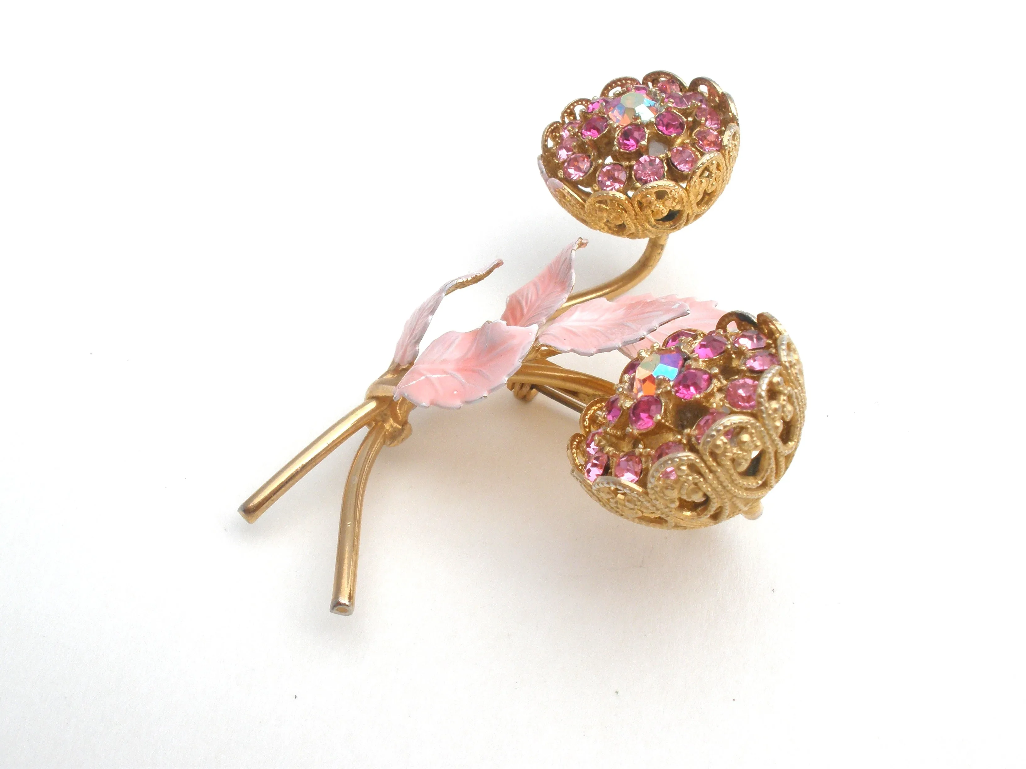 Pink Flower Rhinestone & Enamel Brooch Set Vintage