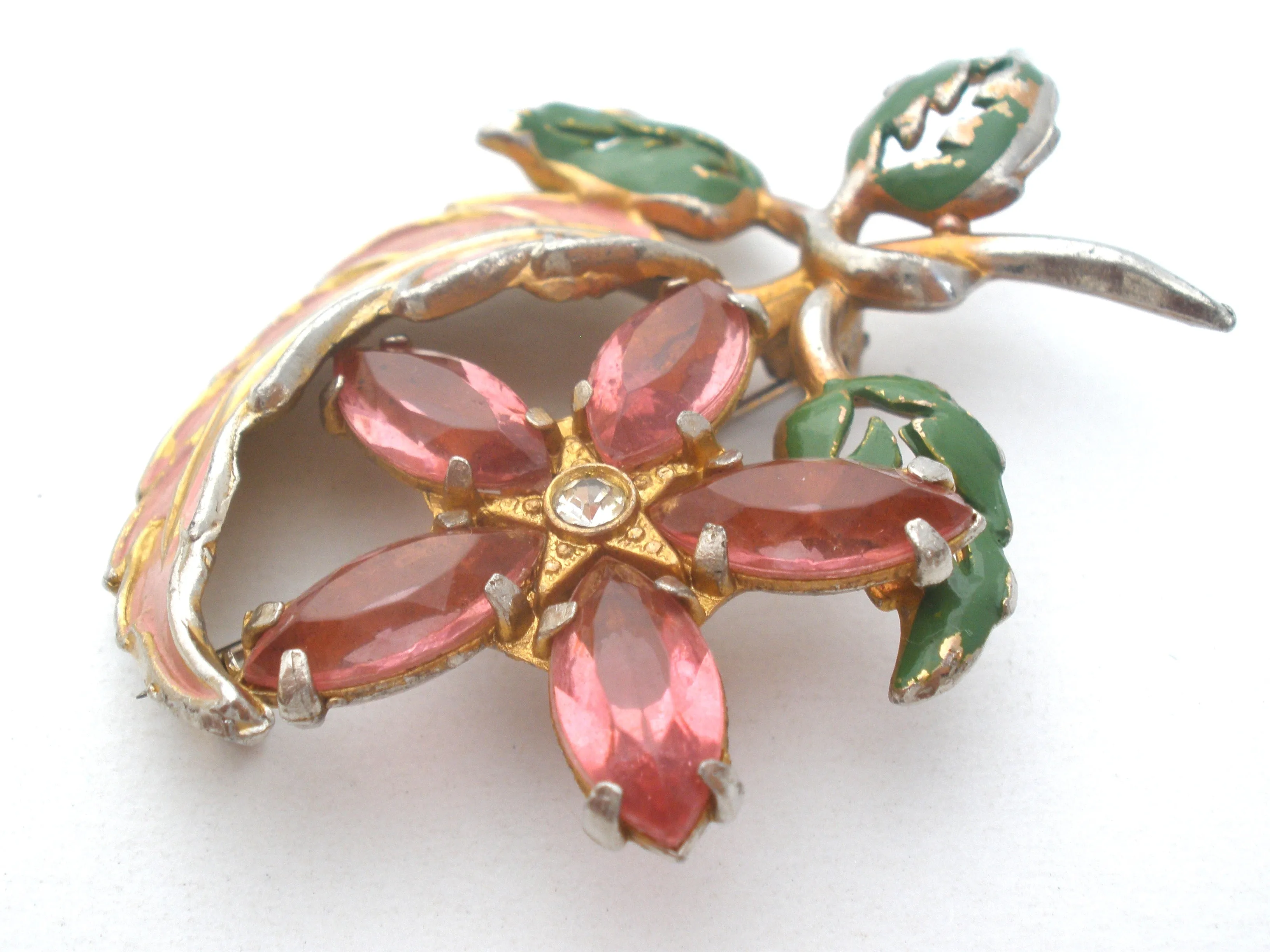 Pink Rhinestone & Enamel Flower Brooch Vintage