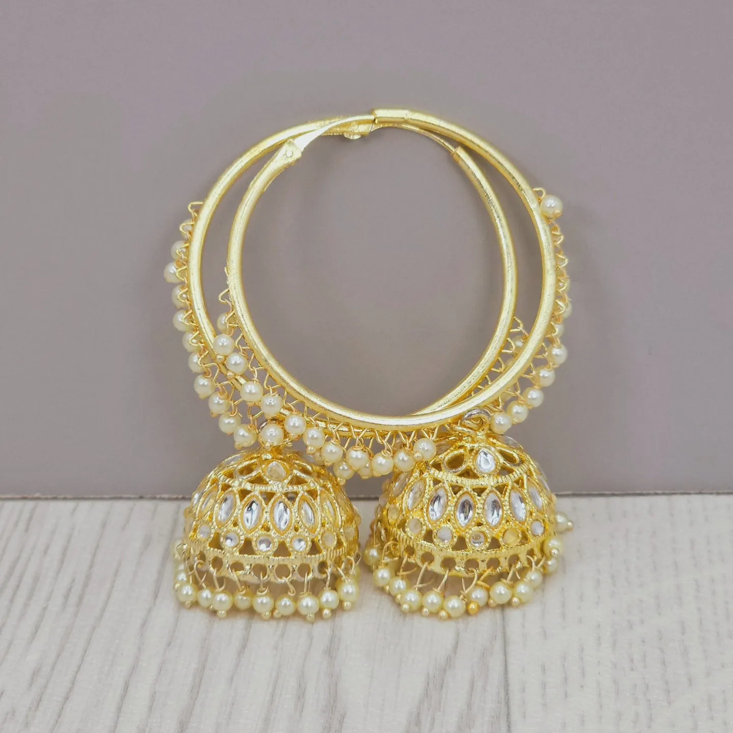 Poonam - Stunning White Kundan Gold Plated Hoop Jhumka Earrings