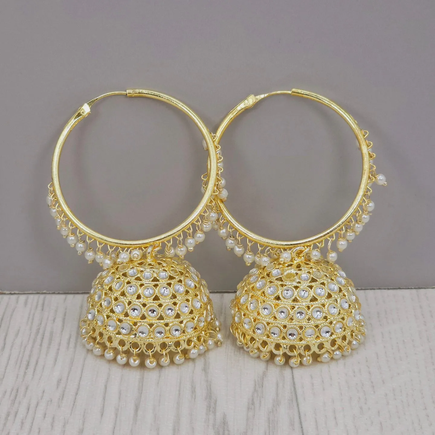 Poonam - Stunning White Kundan Gold Plated Hoop Jhumka Earrings