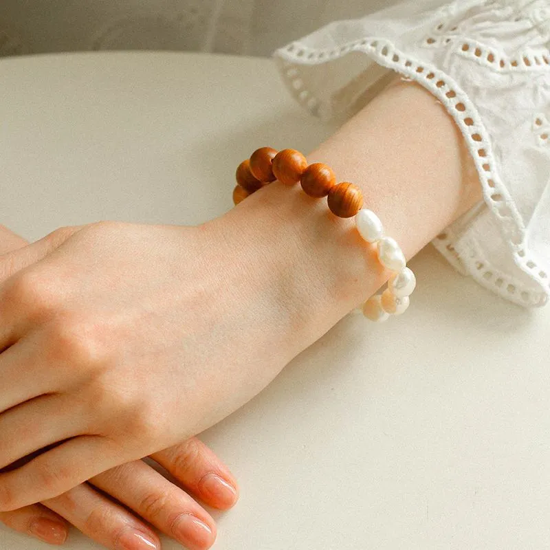 Primeval Forest Nature's Wood Bead Pearl Bracelet