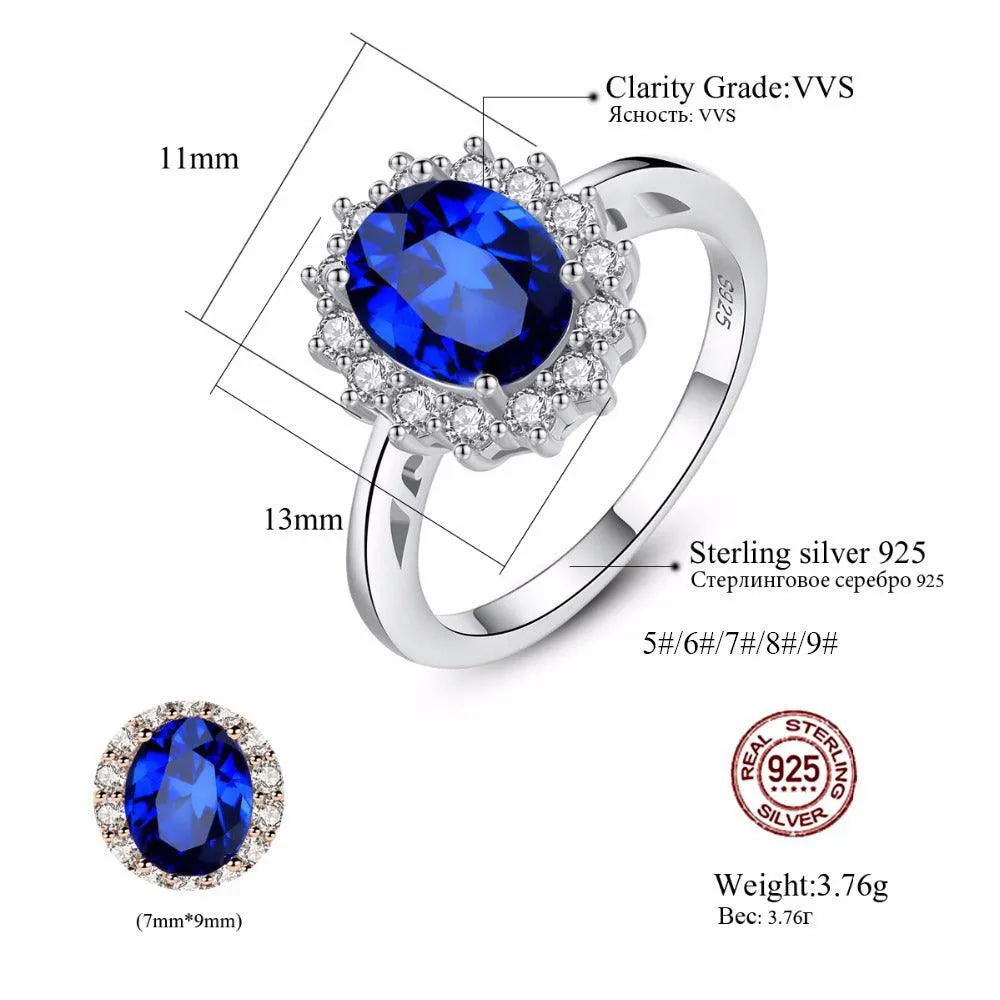 Princess Diana William Kate Gemstone Rings Sapphire Blue Wedding Engagement 925 Sterling Silver Finger Ring for Women