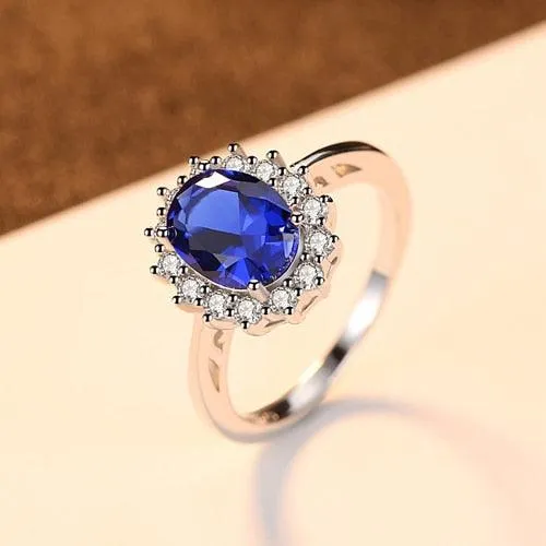 Princess Diana William Kate Gemstone Rings Sapphire Blue Wedding Engagement 925 Sterling Silver Finger Ring for Women