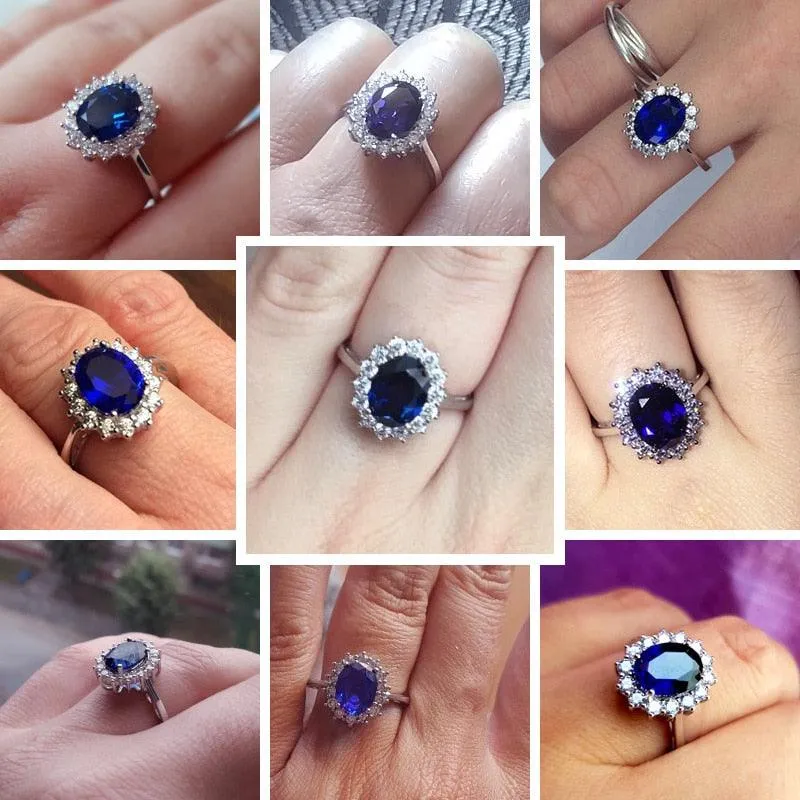 Princess Diana William Kate Gemstone Rings Sapphire Blue Wedding Engagement 925 Sterling Silver Finger Ring for Women