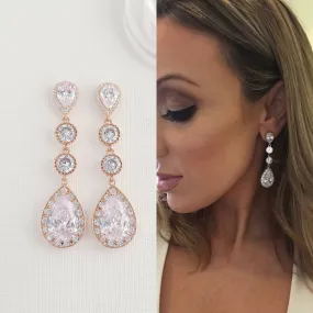 Rose Gold Long Drop Wedding Earrings-Evana