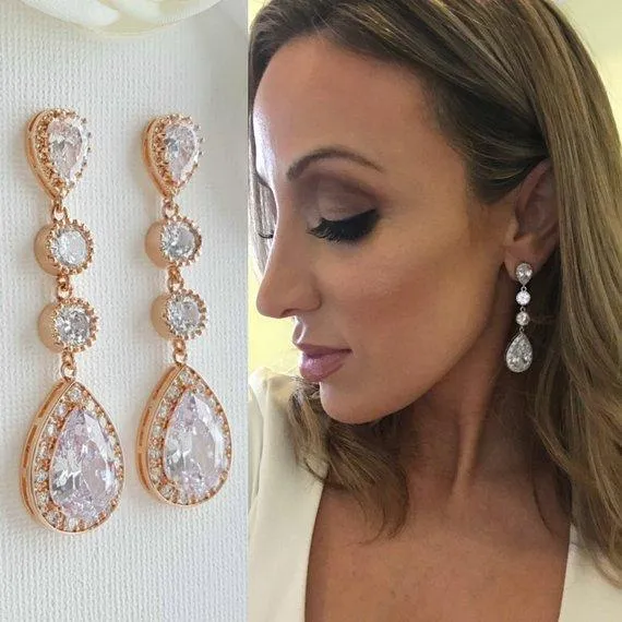 Rose Gold Long Drop Wedding Earrings-Evana