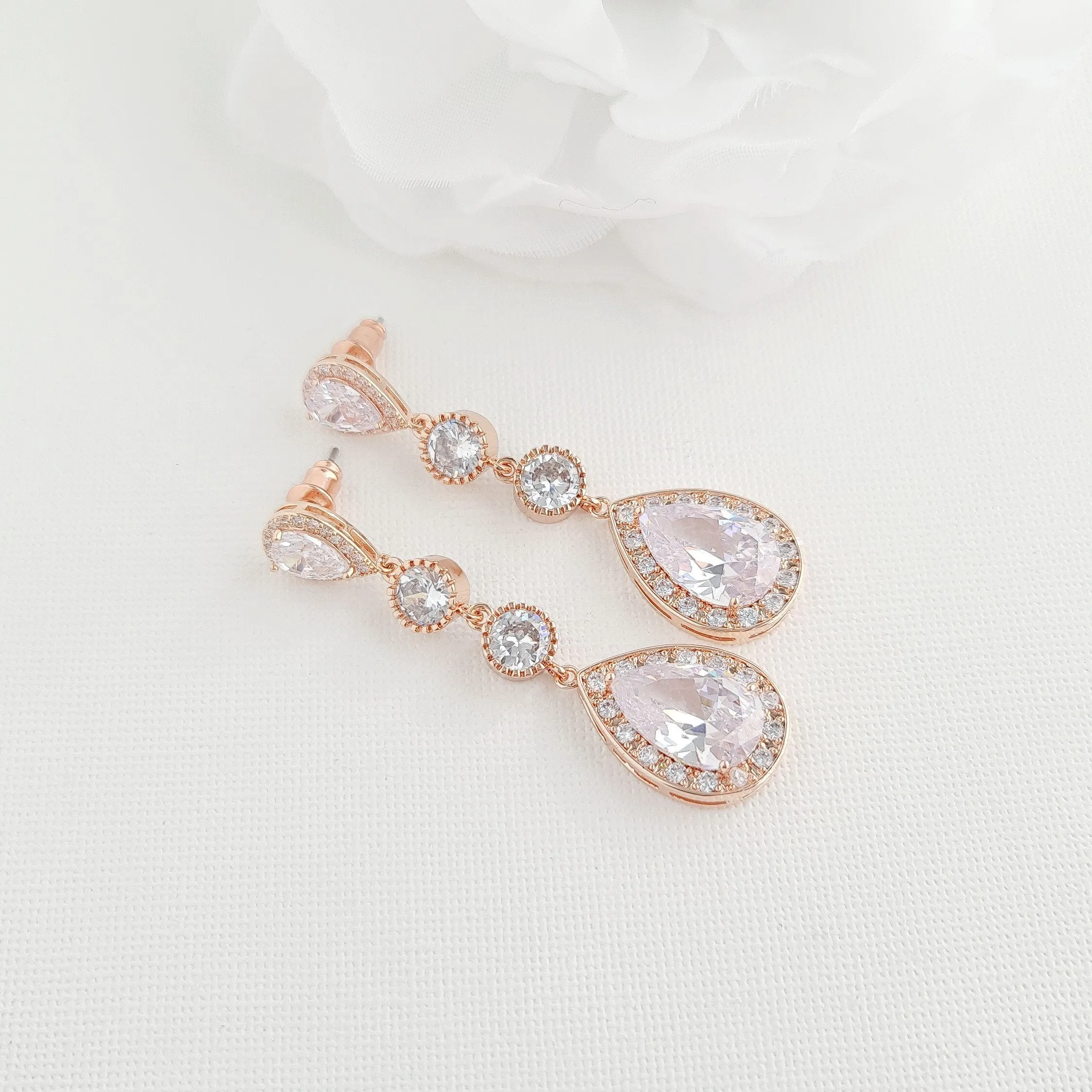 Rose Gold Long Drop Wedding Earrings-Evana