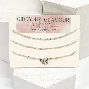 Set of 3 | Silver Multi Chained Anklets with a Butterfly Charm