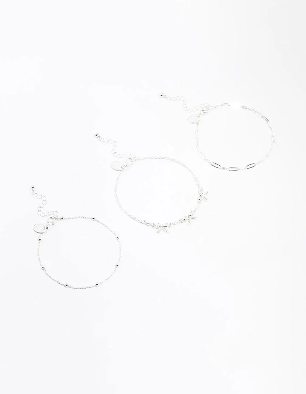 Silver Bow Chain Mixed Anklet 3-Pack