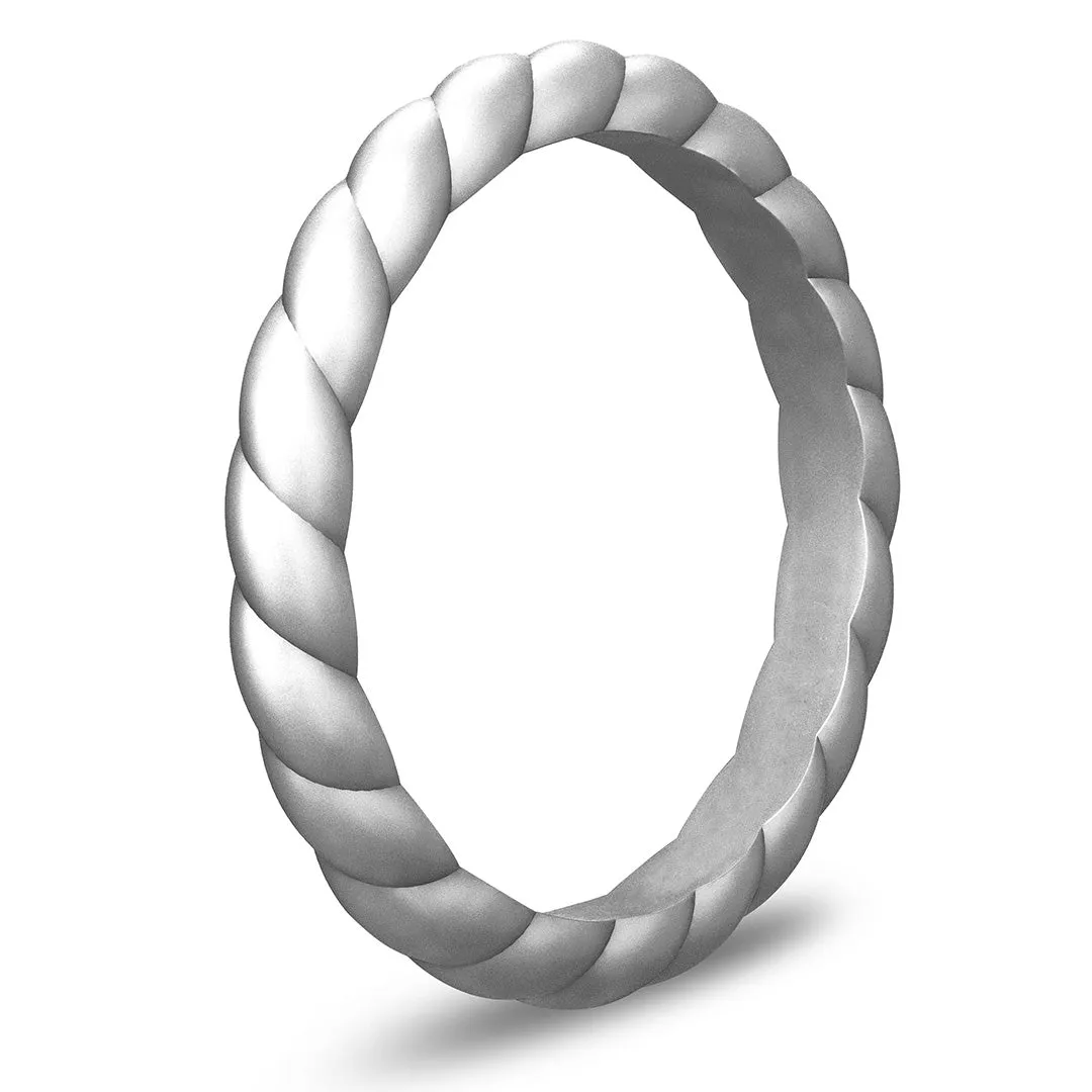 Silver Braided Slim Silicone Ring, Stackable Thin Band