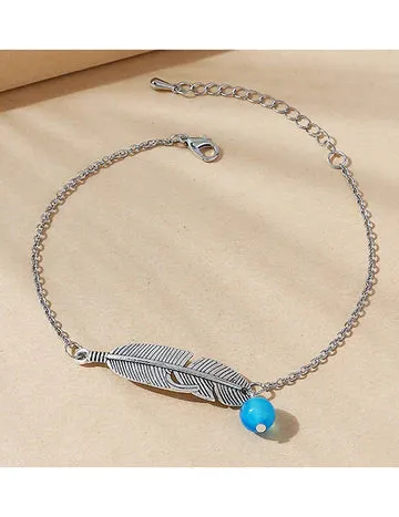 Silver Feather Blue Bead Ankle Bracelet