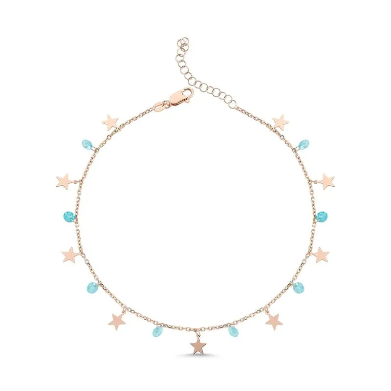 Star Dangle Charm Anklet with Blue cz Crystals