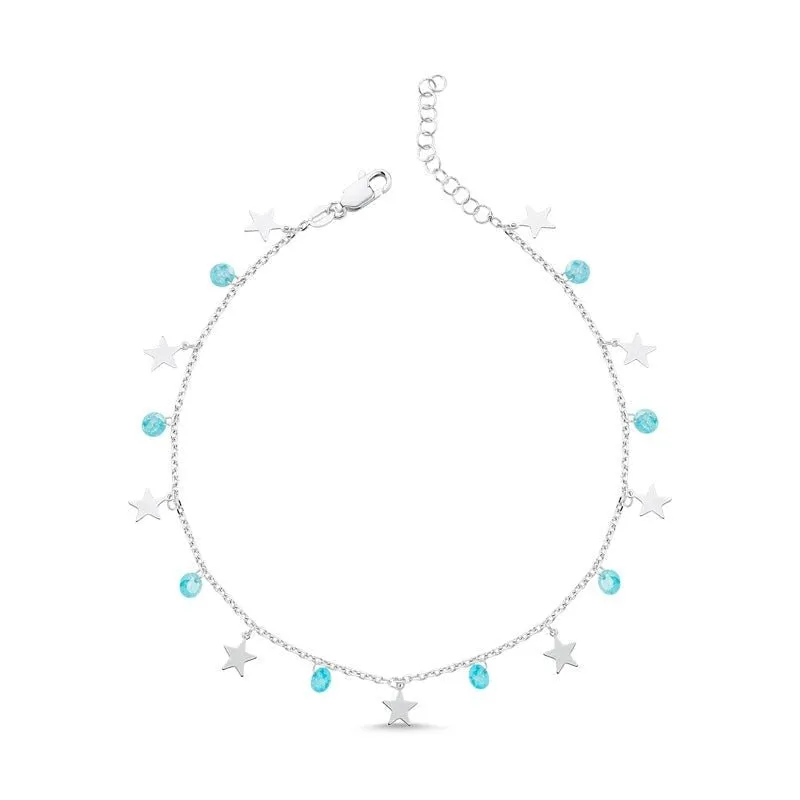 Star Dangle Charm Anklet with Blue cz Crystals