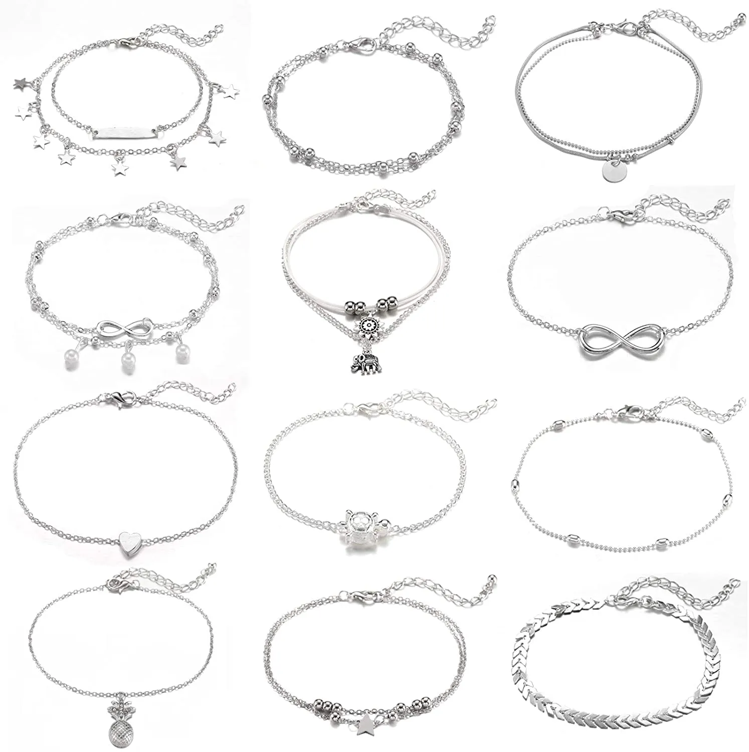 Starain 12 Pieces Cute Ankle Bracelets Women Girls Adjustable Heart Elephant Layered Anklets Set Gold Silver Beach Foot Jewelry