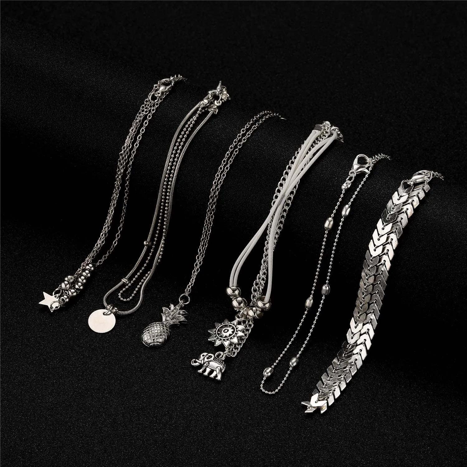 Starain 12 Pieces Cute Ankle Bracelets Women Girls Adjustable Heart Elephant Layered Anklets Set Gold Silver Beach Foot Jewelry