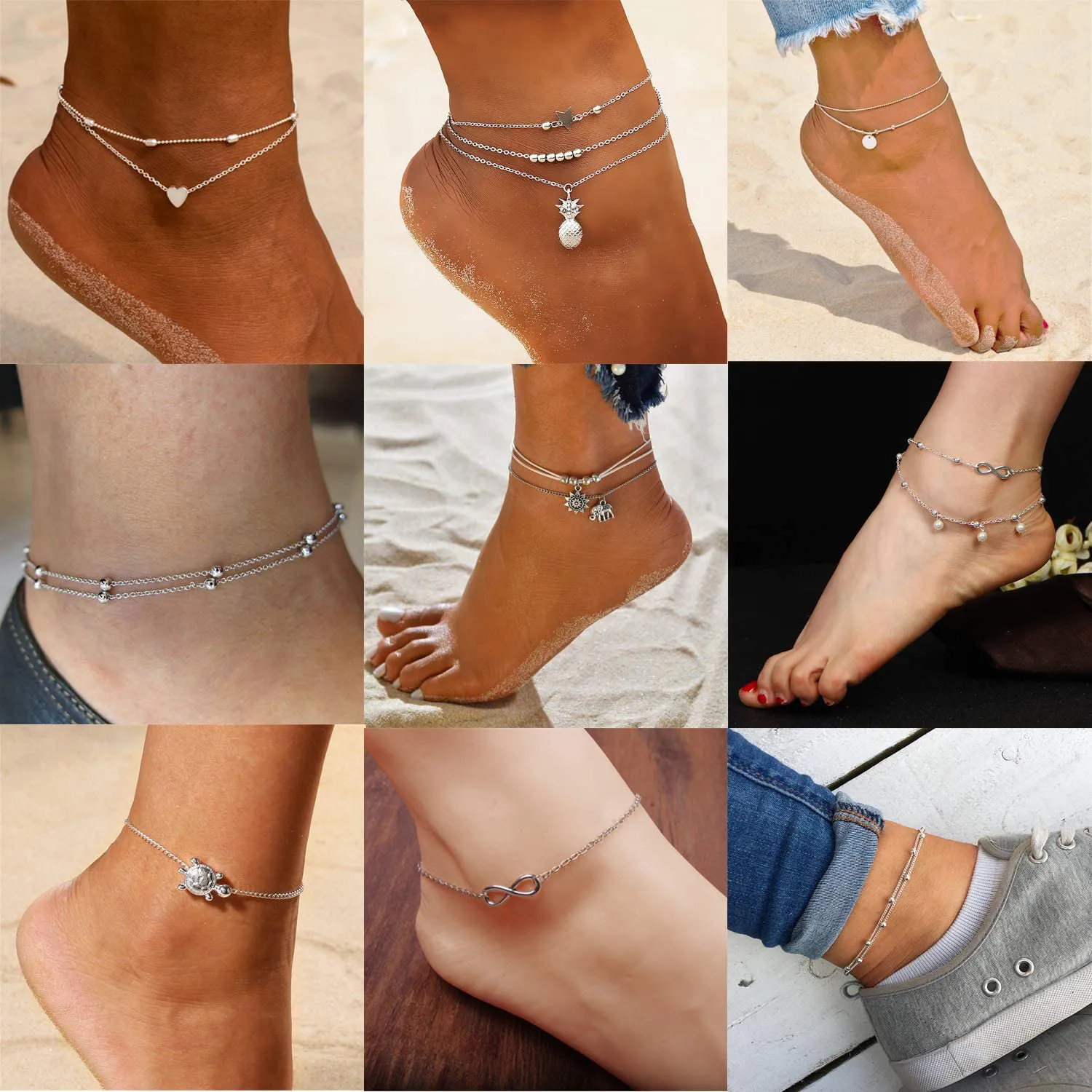 Starain 12 Pieces Cute Ankle Bracelets Women Girls Adjustable Heart Elephant Layered Anklets Set Gold Silver Beach Foot Jewelry