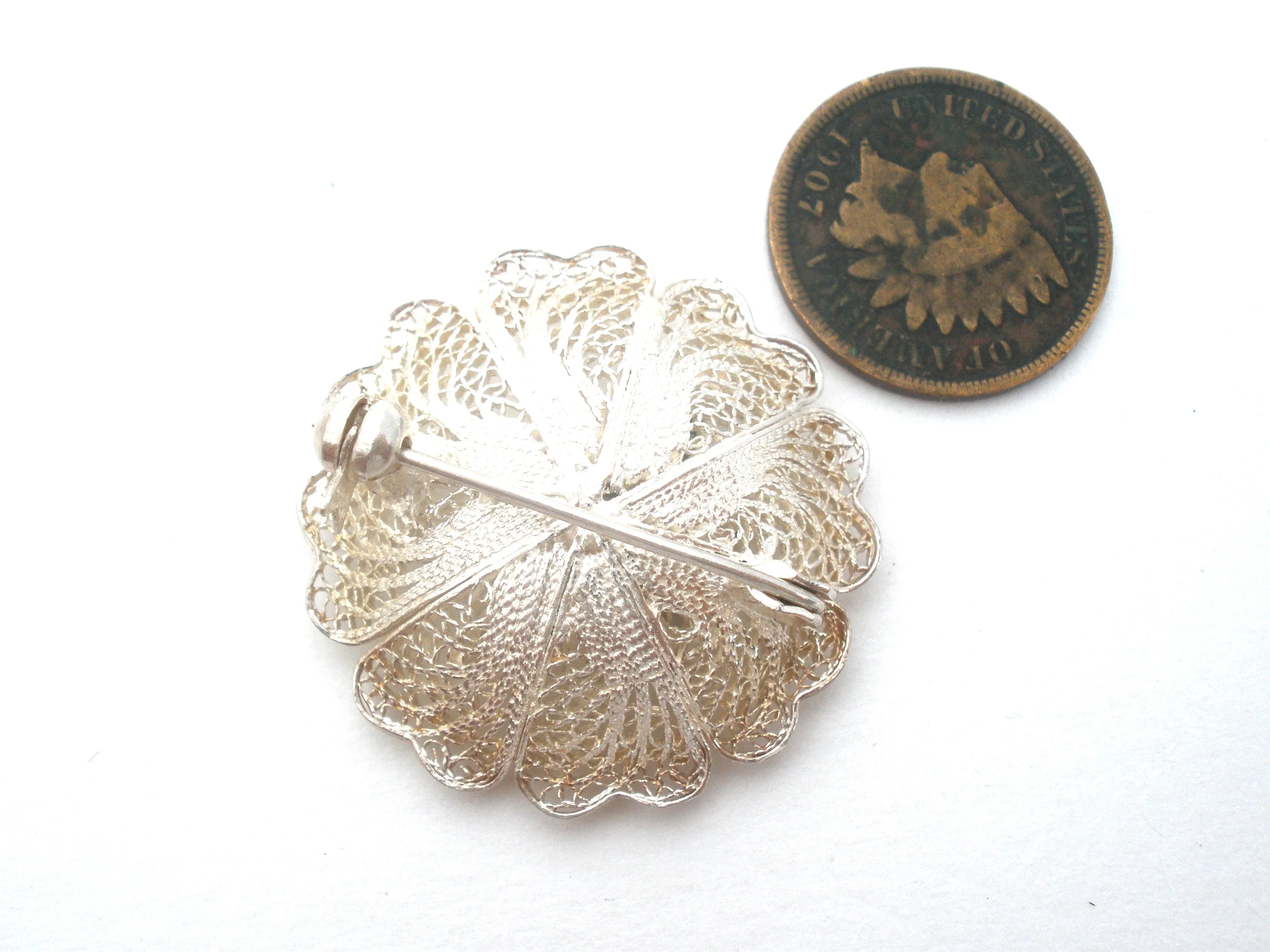 Sterling Silver Cannetille Flower Brooch Pin Vintage