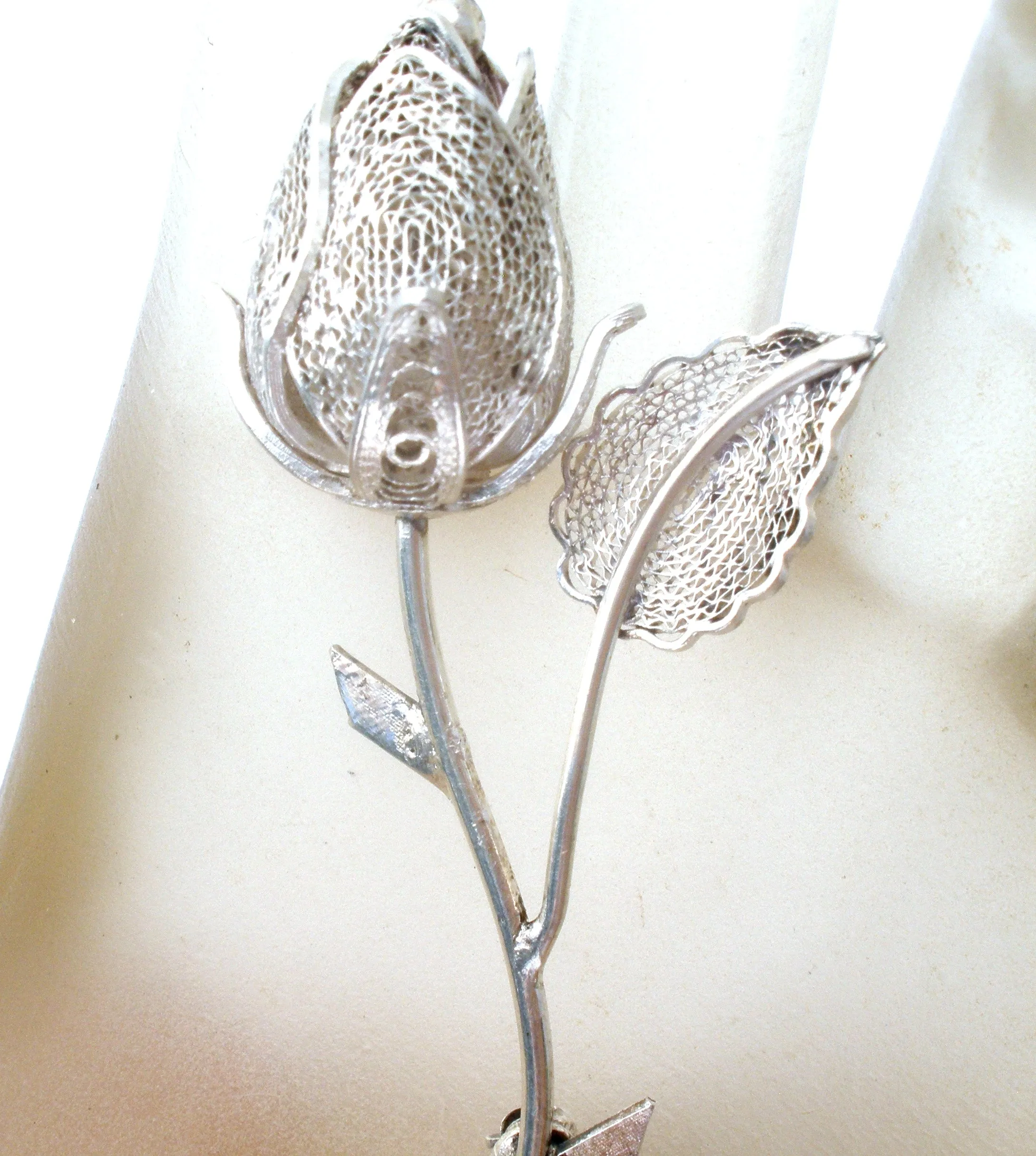 Sterling Silver Filigree Rose Brooch Pin Vintage