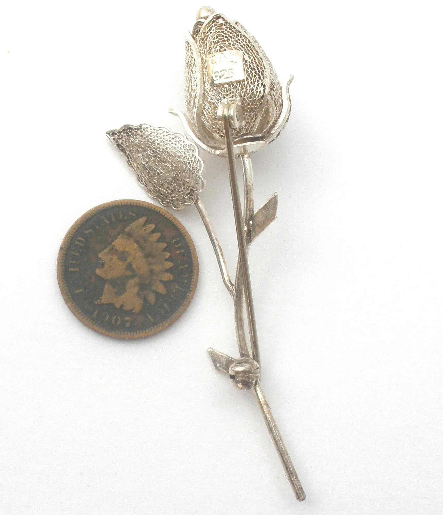 Sterling Silver Filigree Rose Brooch Pin Vintage