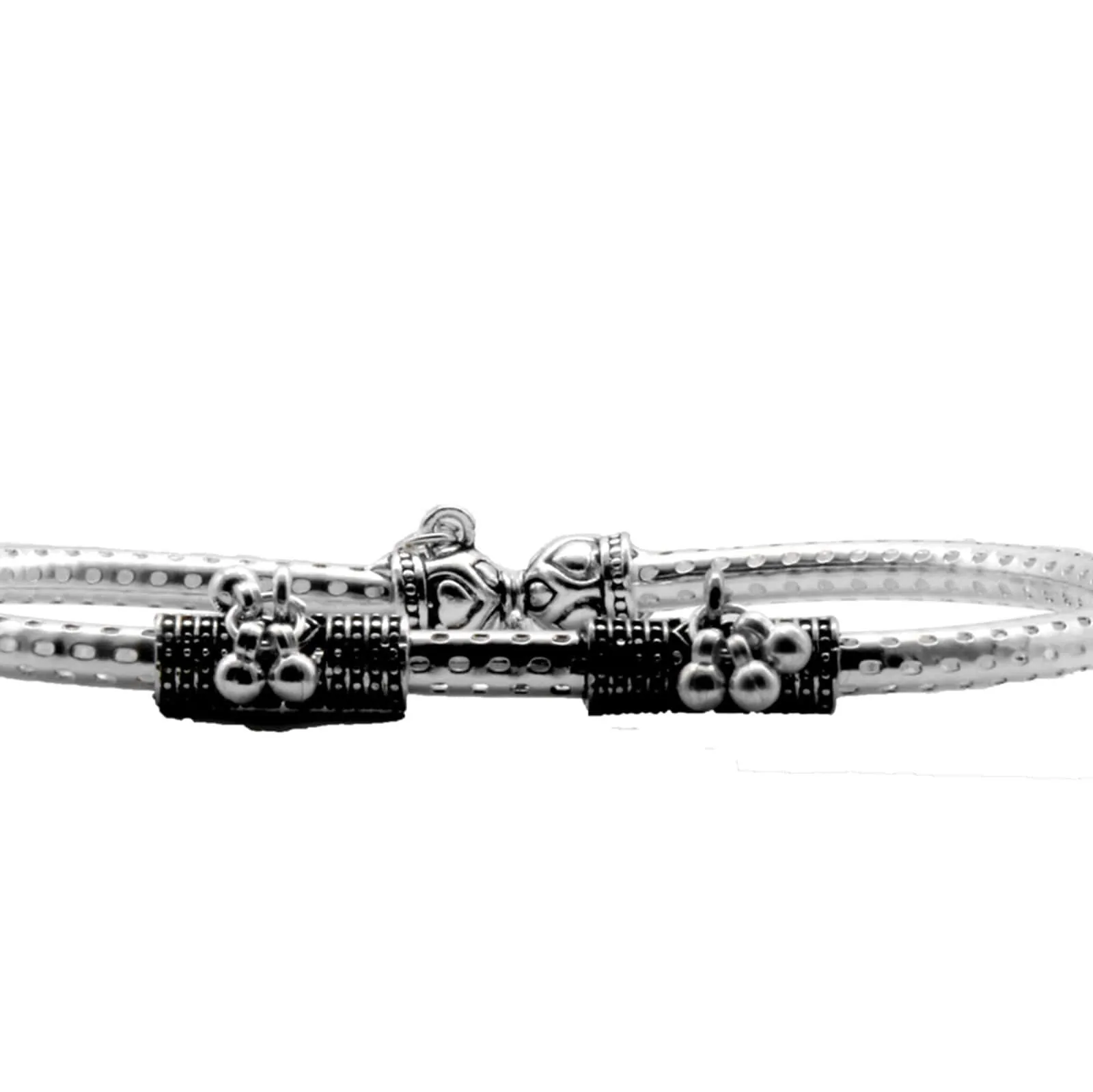 Teejh Double Cylindrical Silver Oxidized Charm Anklets For Women