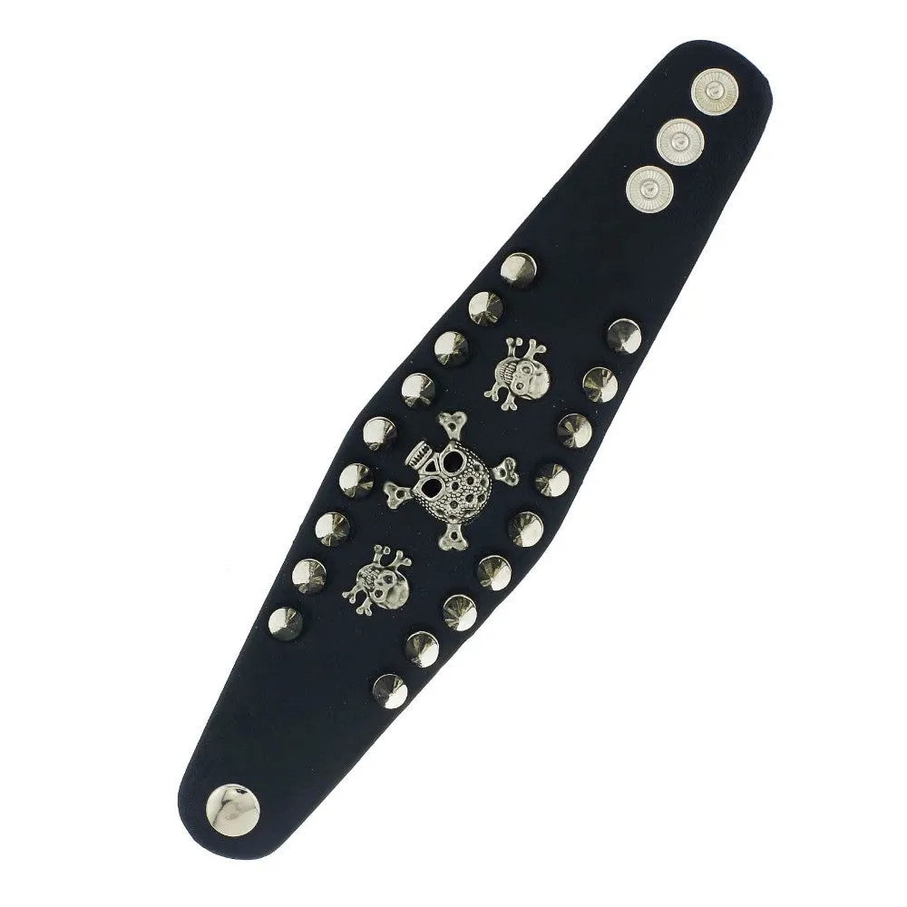 Unique Rock Spikes Rivet Gothic Skeleton Skull Punk Biker Wide Cuff Leather Bracelet