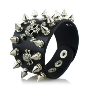 Unique Rock Spikes Rivet Gothic Skeleton Skull Punk Biker Wide Cuff Leather Bracelet