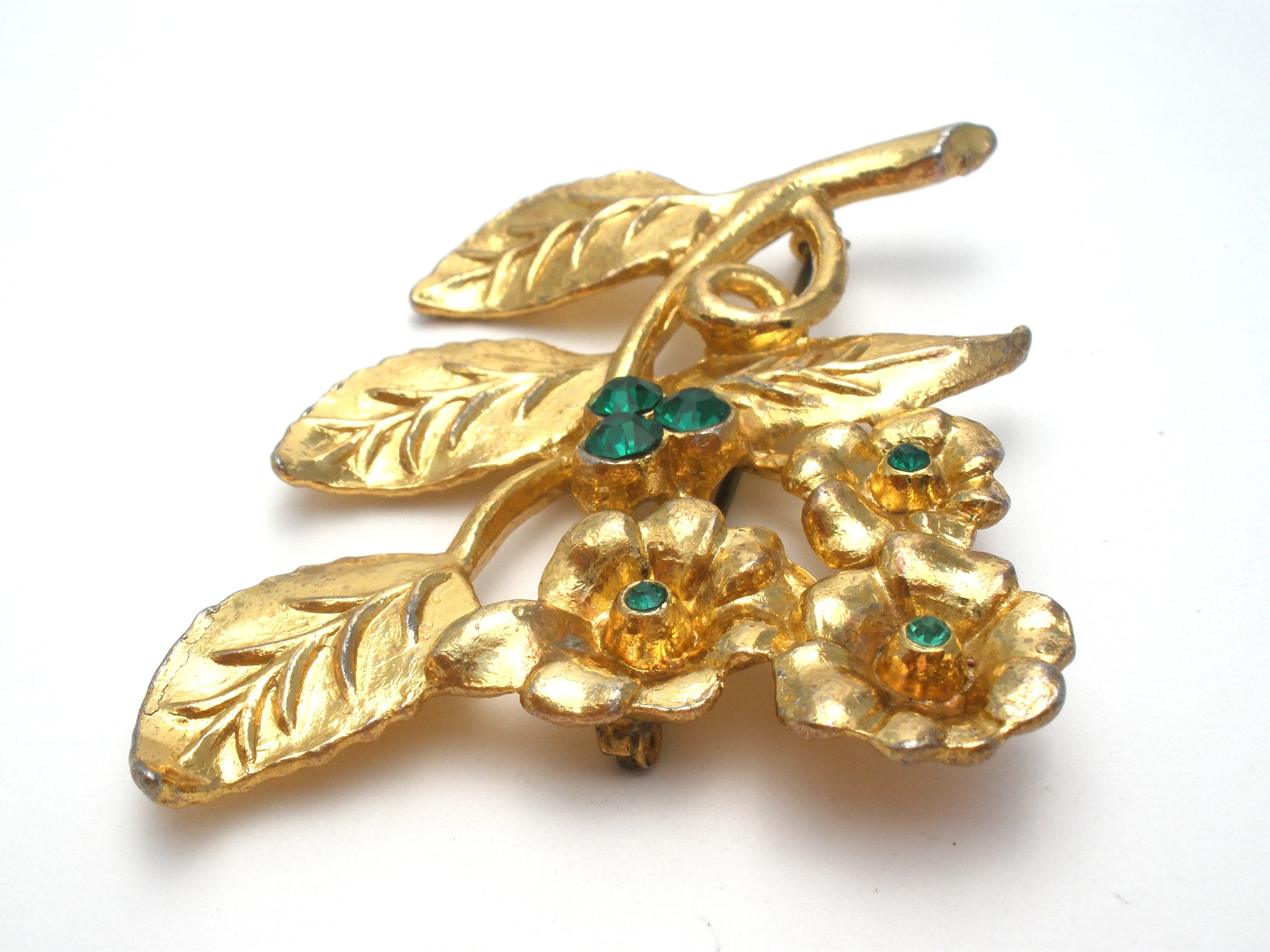 Vintage Flower Brooch with Green Rhinestones