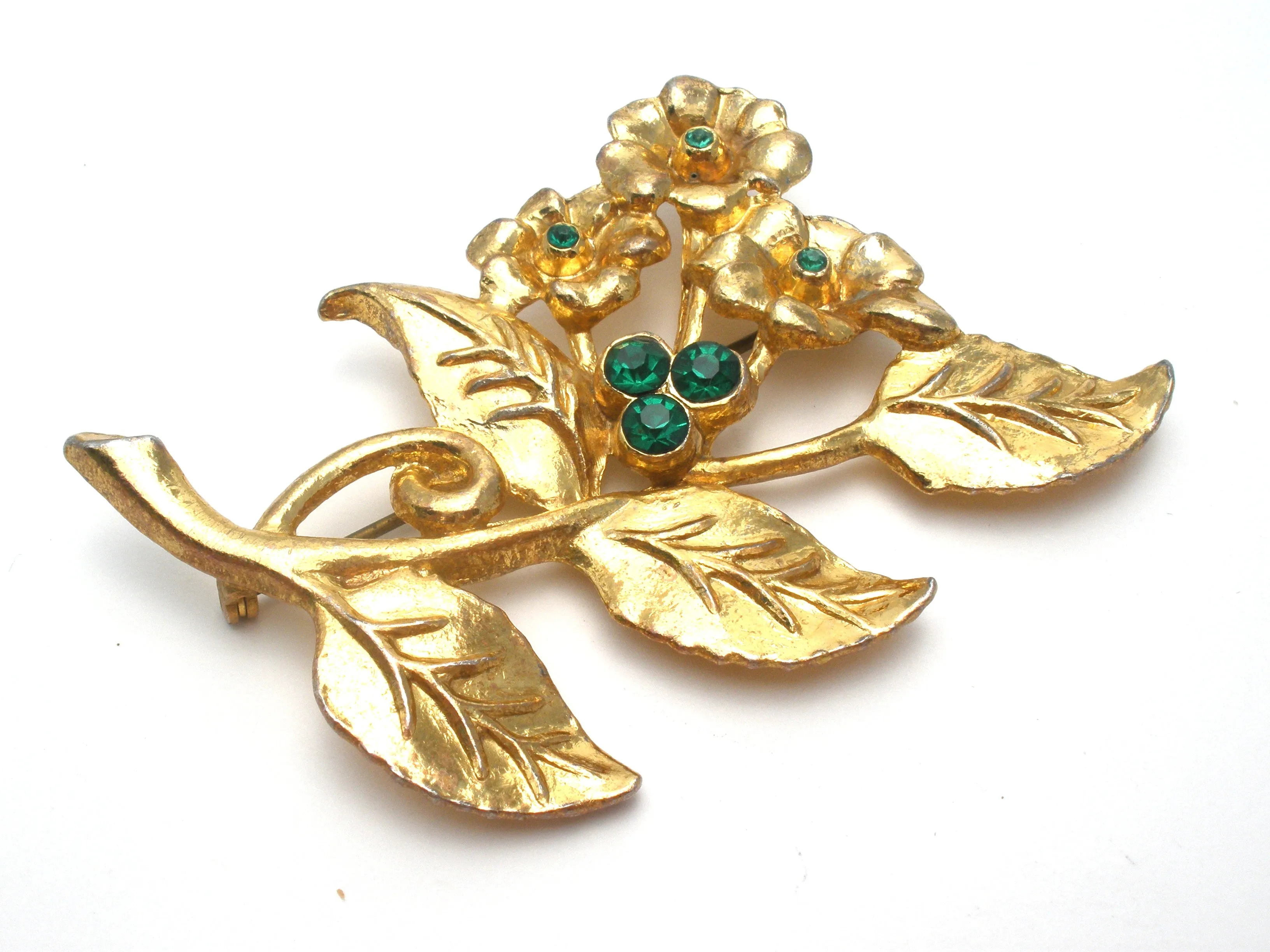 Vintage Flower Brooch with Green Rhinestones