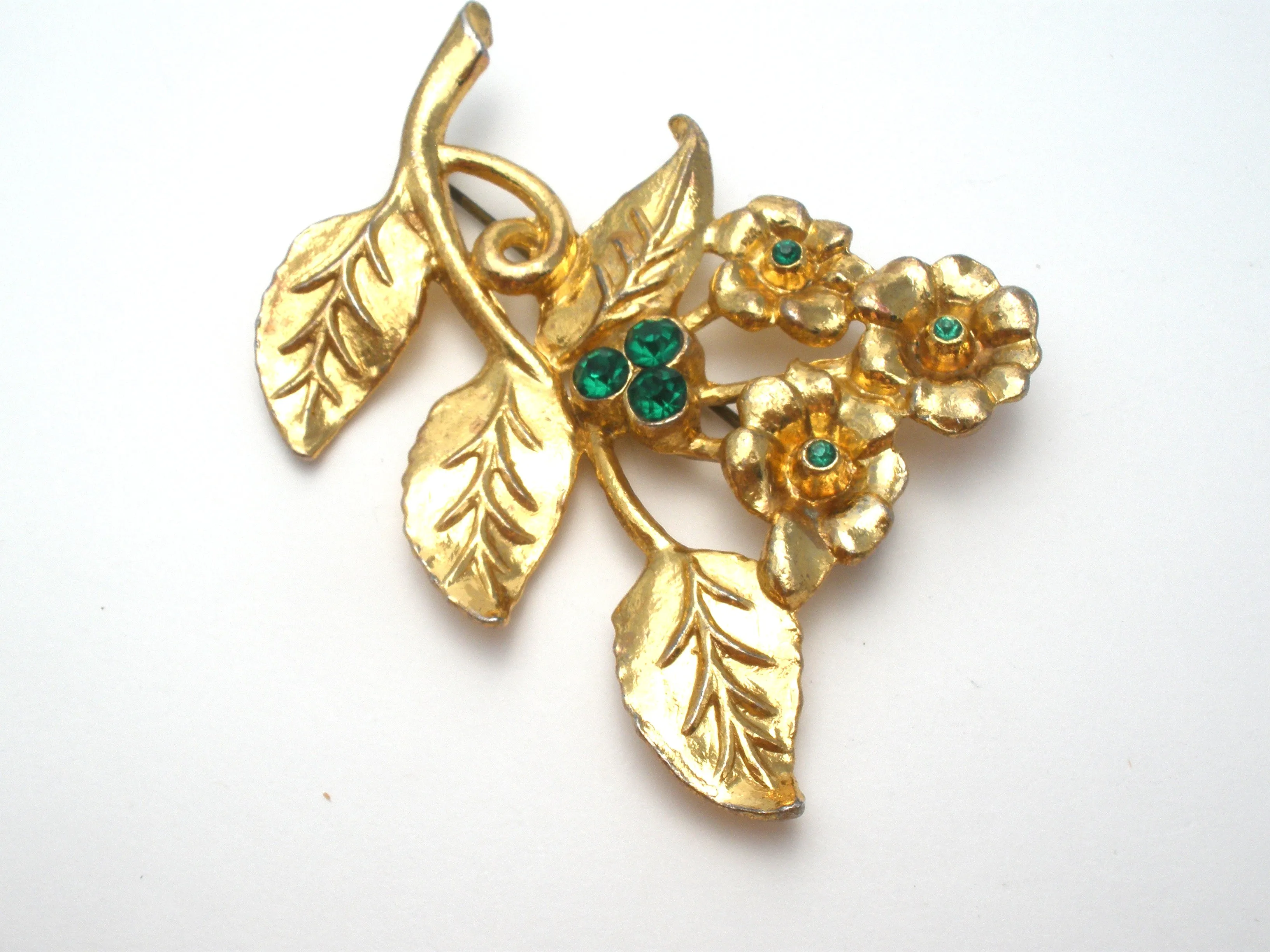 Vintage Flower Brooch with Green Rhinestones