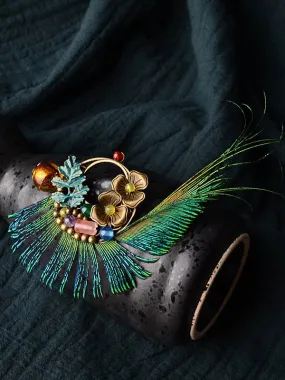 Vintage Peacock Feather Floral Brooch