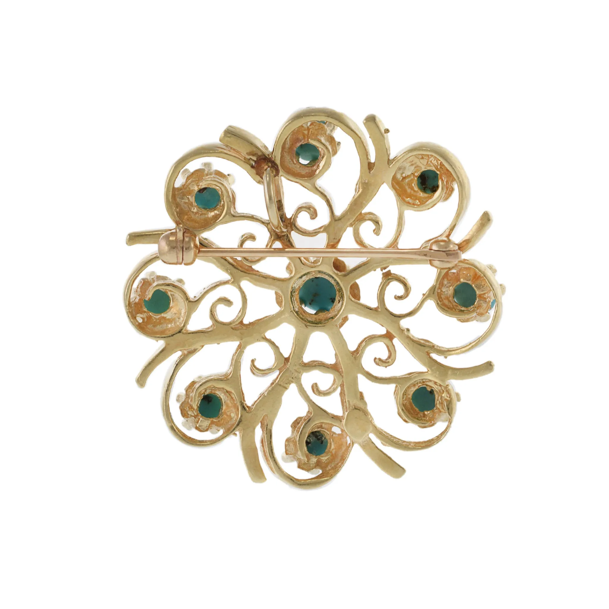 Vintage Retro Era 14KT Yellow Gold and Turquoise Floral Pin