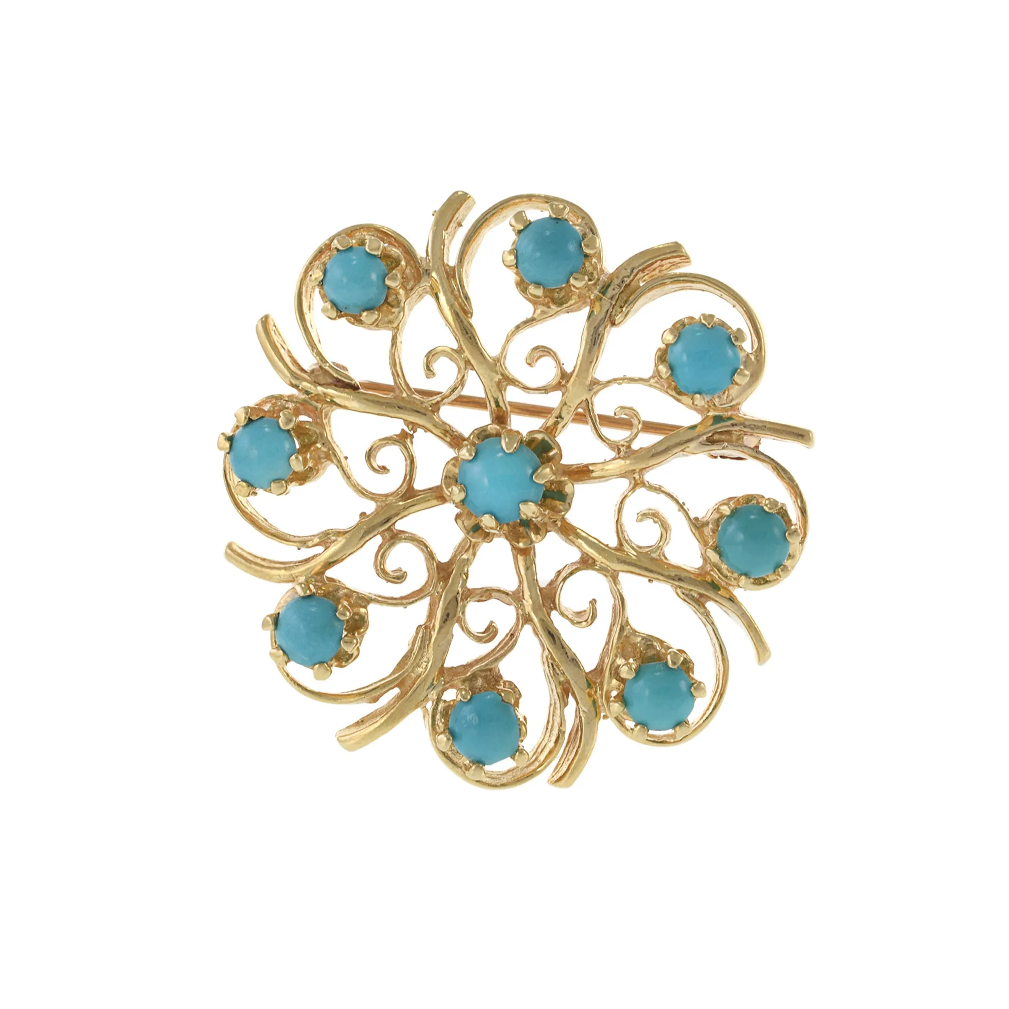 Vintage Retro Era 14KT Yellow Gold and Turquoise Floral Pin