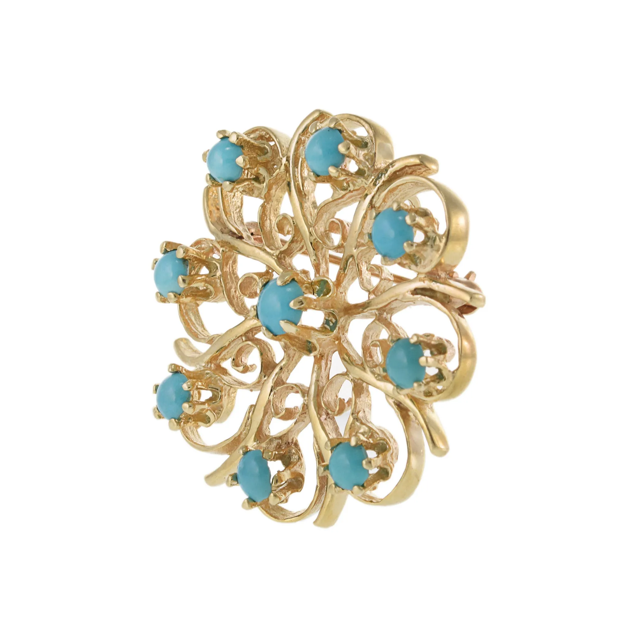 Vintage Retro Era 14KT Yellow Gold and Turquoise Floral Pin