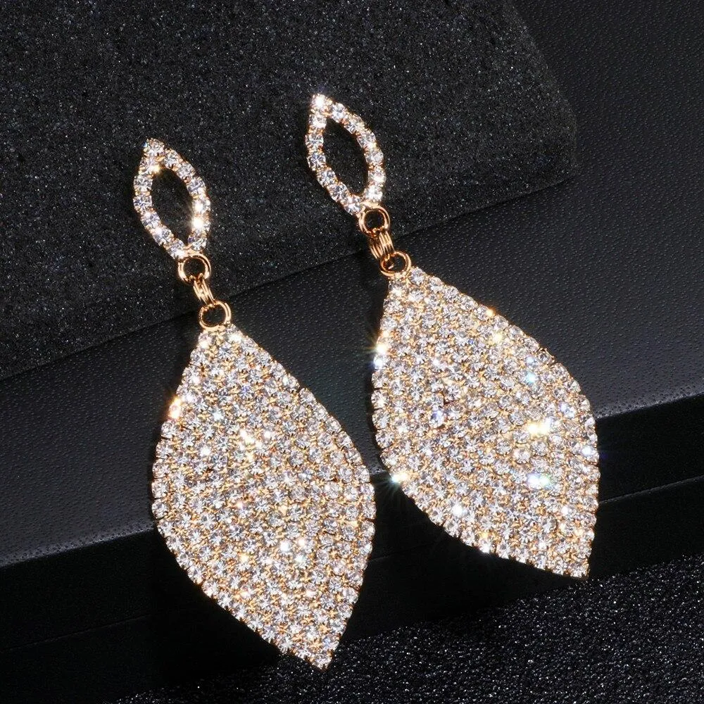 Women Large Rhinestone Teardrop Shape Crystal Earrings