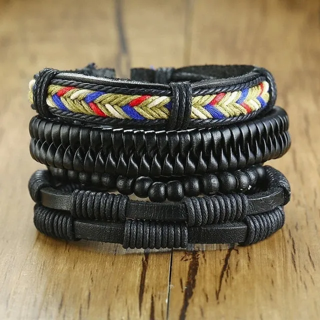 Wrap Leather Bracelets Mix Vintage Wooden Beads