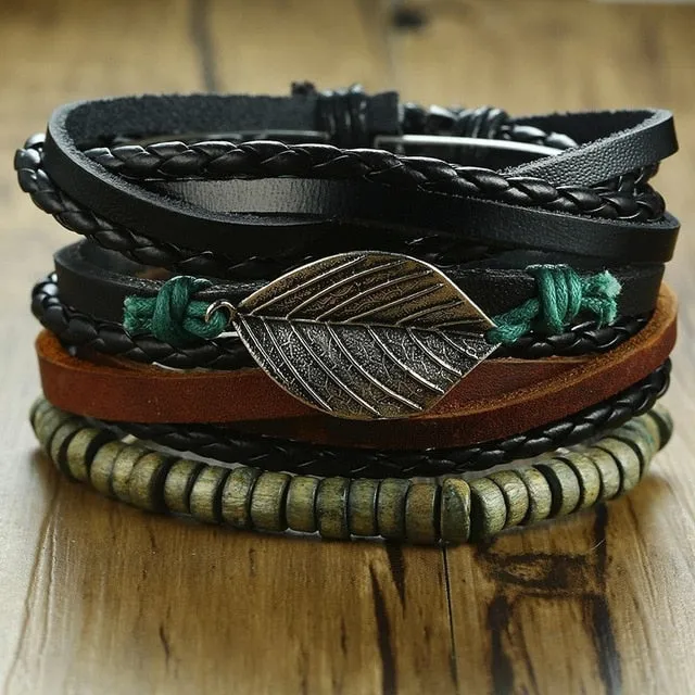 Wrap Leather Bracelets Mix Vintage Wooden Beads