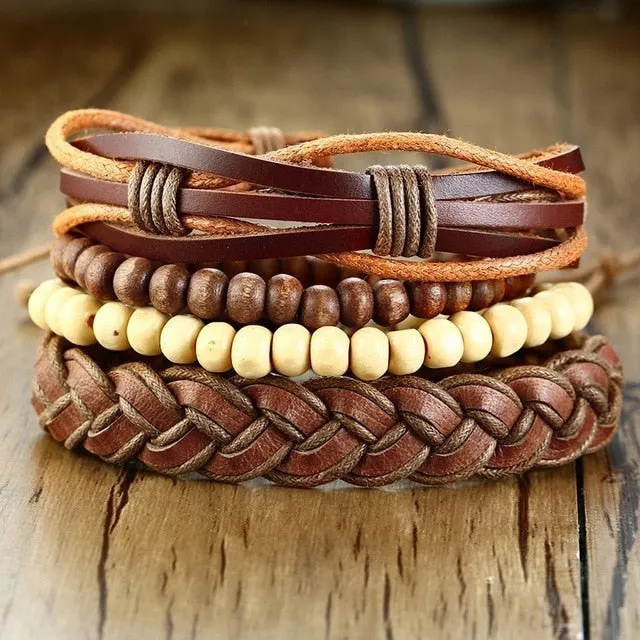 Wrap Leather Bracelets Mix Vintage Wooden Beads