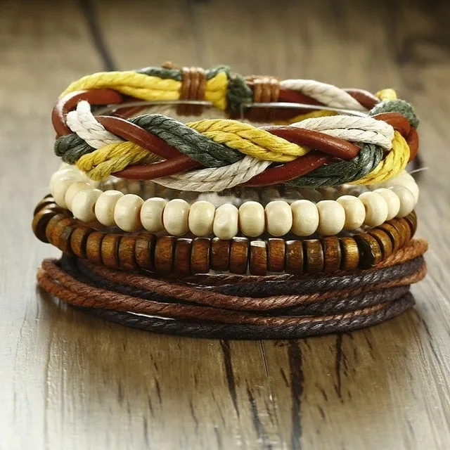 Wrap Leather Bracelets Mix Vintage Wooden Beads